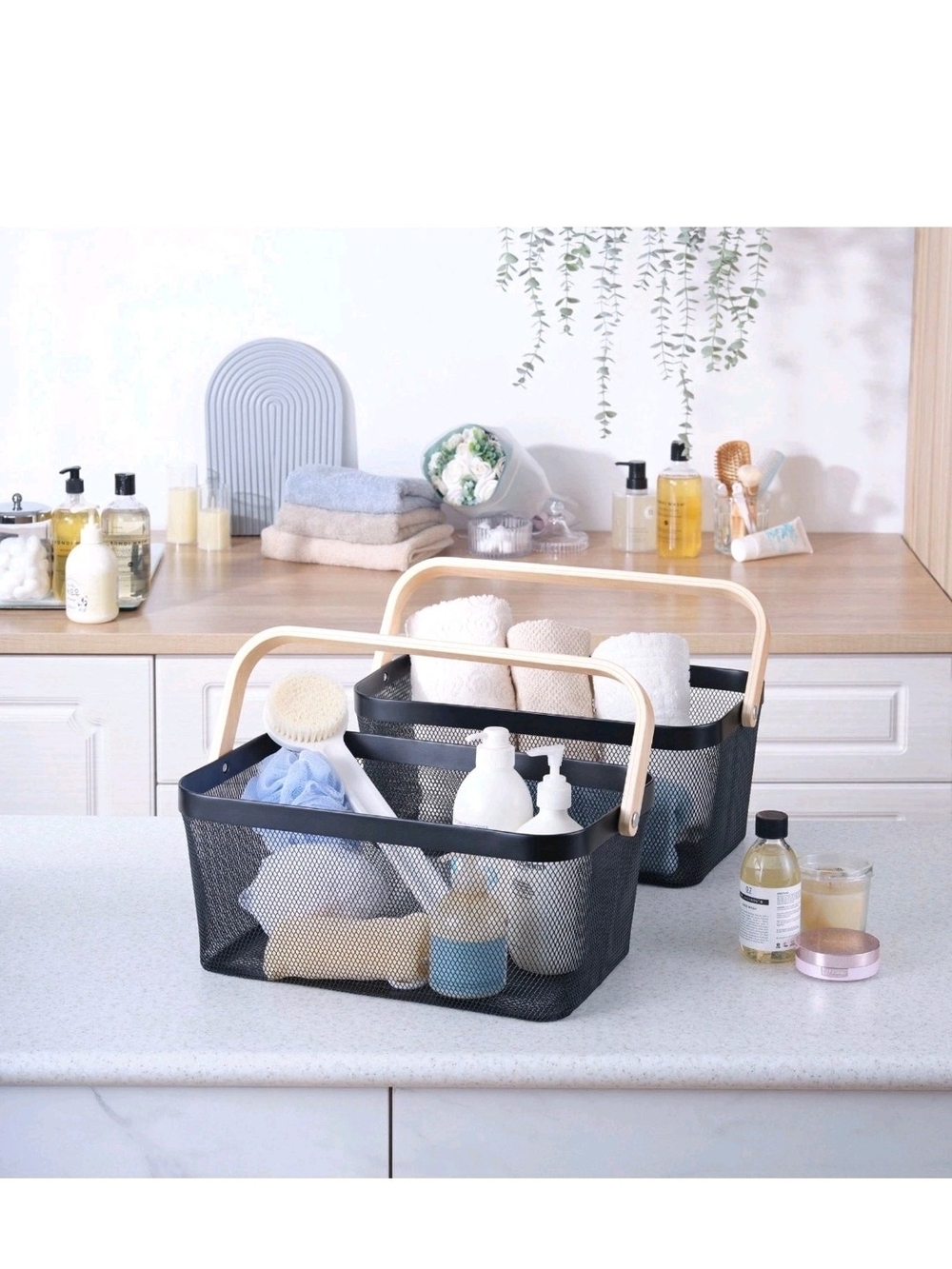 Edifice Black Mesh Wire Storage Baskets Wooden Handle 2 Pack